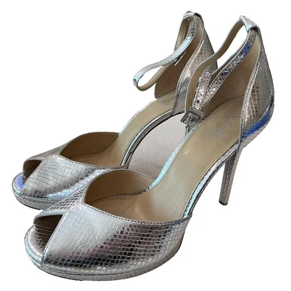 Michael Kors NEW Size 9 Tiegan Metallic Embossed Heel Sandal Silver Leather MK - Picture 8 of 16
